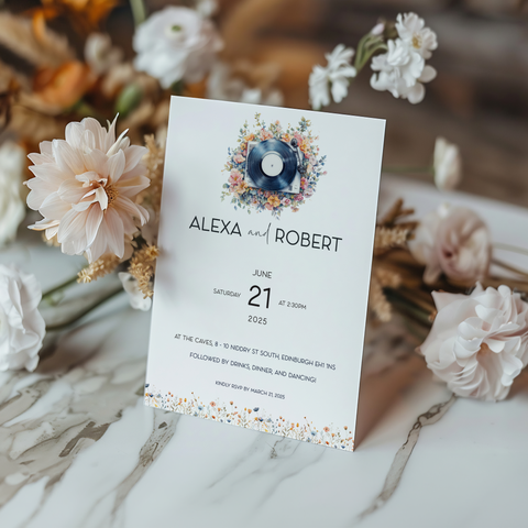 Wildflower Floral Vinyl Record Inspired Wedding Invitations 5" x 7"
