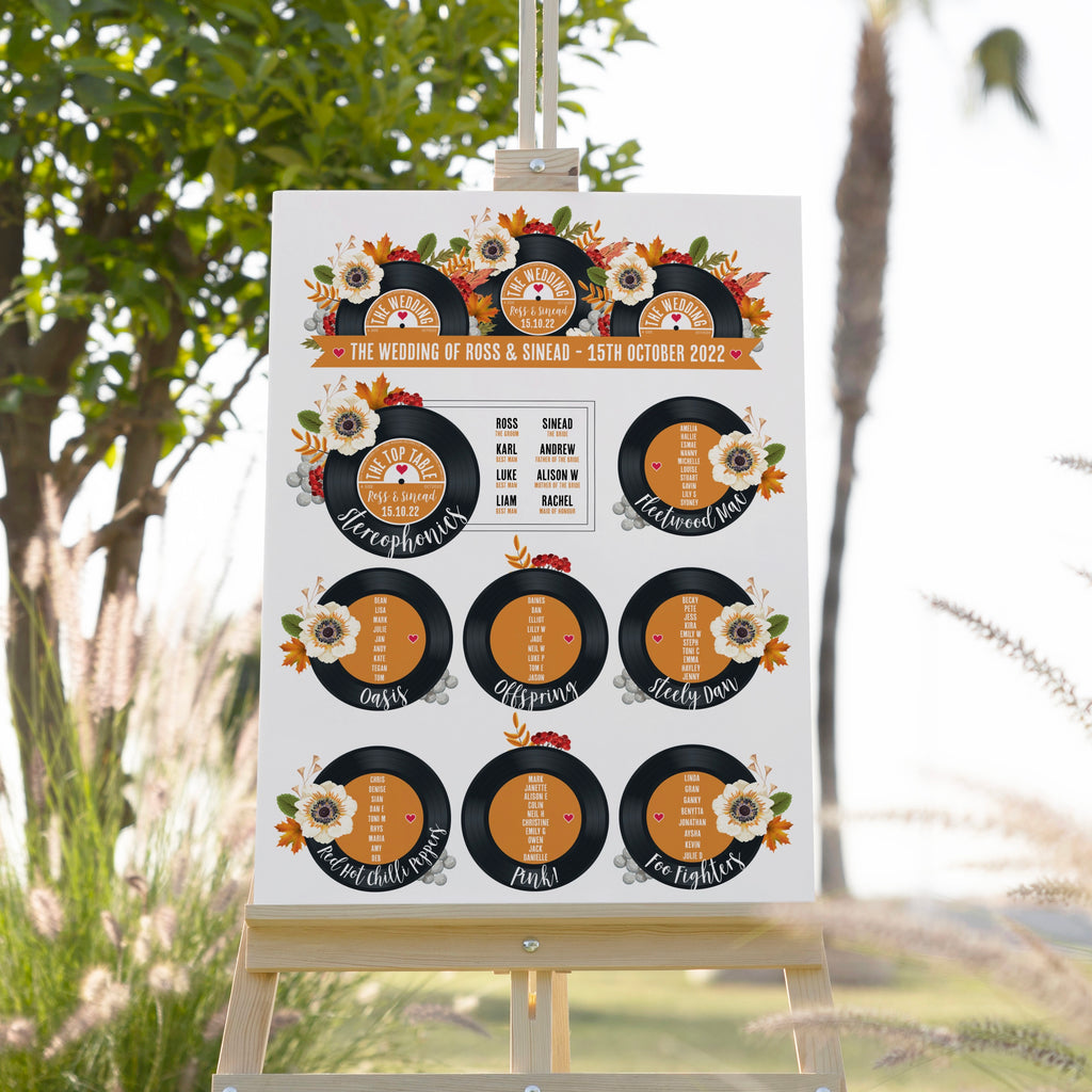 Wedding Table Plan - Printed Floral Vinyl Record Design Autumn Fall Orange