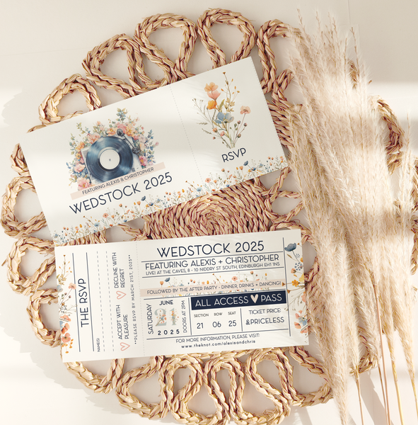 Gig/ Concert Ticket Inspired Wedding Invitations - Wildflower Vinyl Record Design 4
