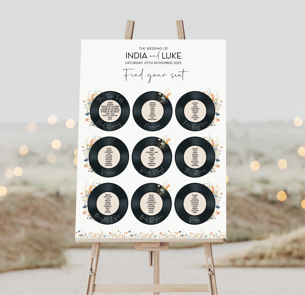 Vinyl Record Inspired Wedding Table Plan - Printed Wildflower Design
