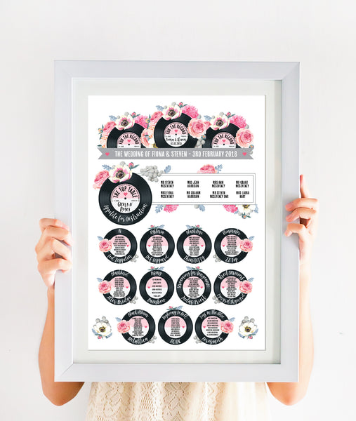 Wedding Table Plan - Printed Floral Vinyl Record Design Pink