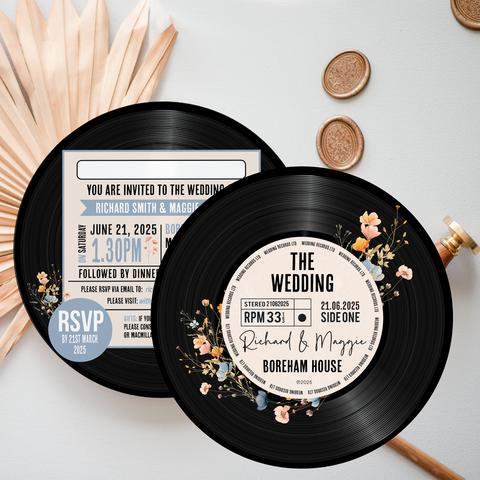 Wildflower Floral Round/ Circle Vinyl Record Inspired Wedding Invitations