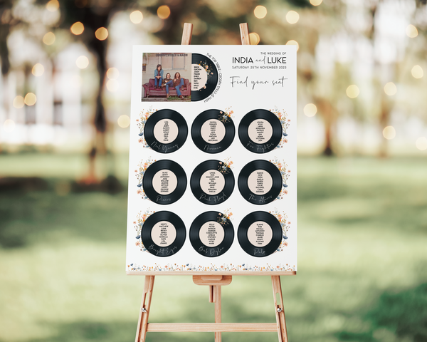 Vinyl Record Inspired Wedding Table Plan - Printed Wildflower Design Album (Album Artwork Top Table)
