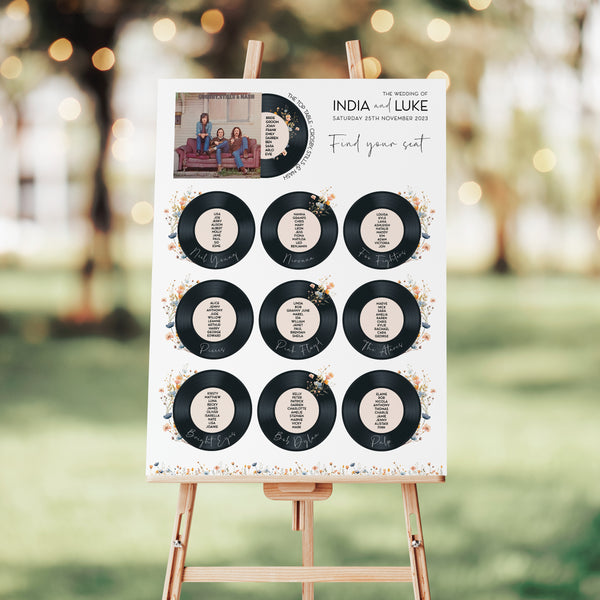 Vinyl Record Inspired Wedding Table Plan - Printed Wildflower Design Album (Album Artwork Top Table)
