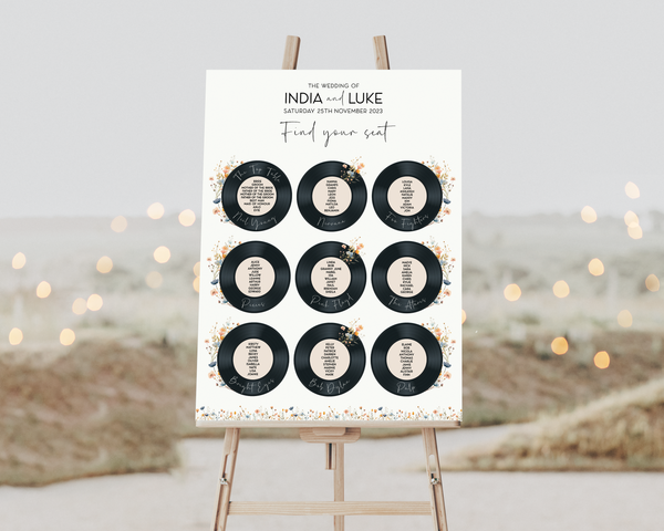 Vinyl Record Inspired Wedding Table Plan - Printed Wildflower Design