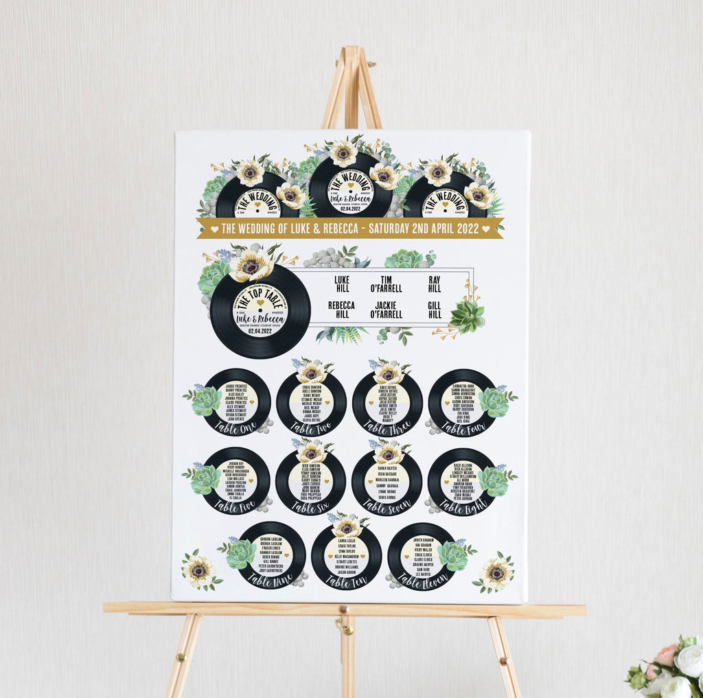Wedding Table Plan - Printed Floral Vinyl Record Design Greenery