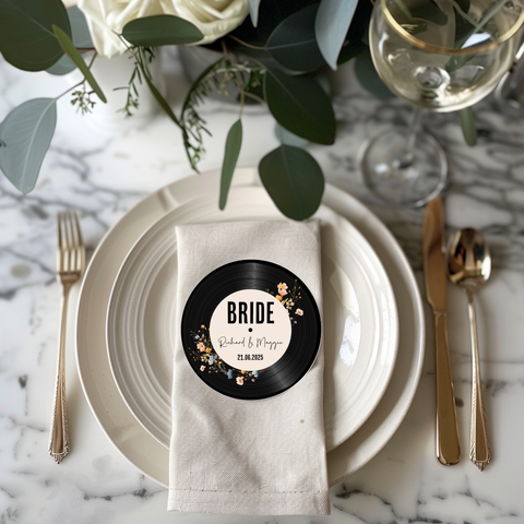Wedding Name Place Cards - Wildflower Floral Vinyl Record Design
