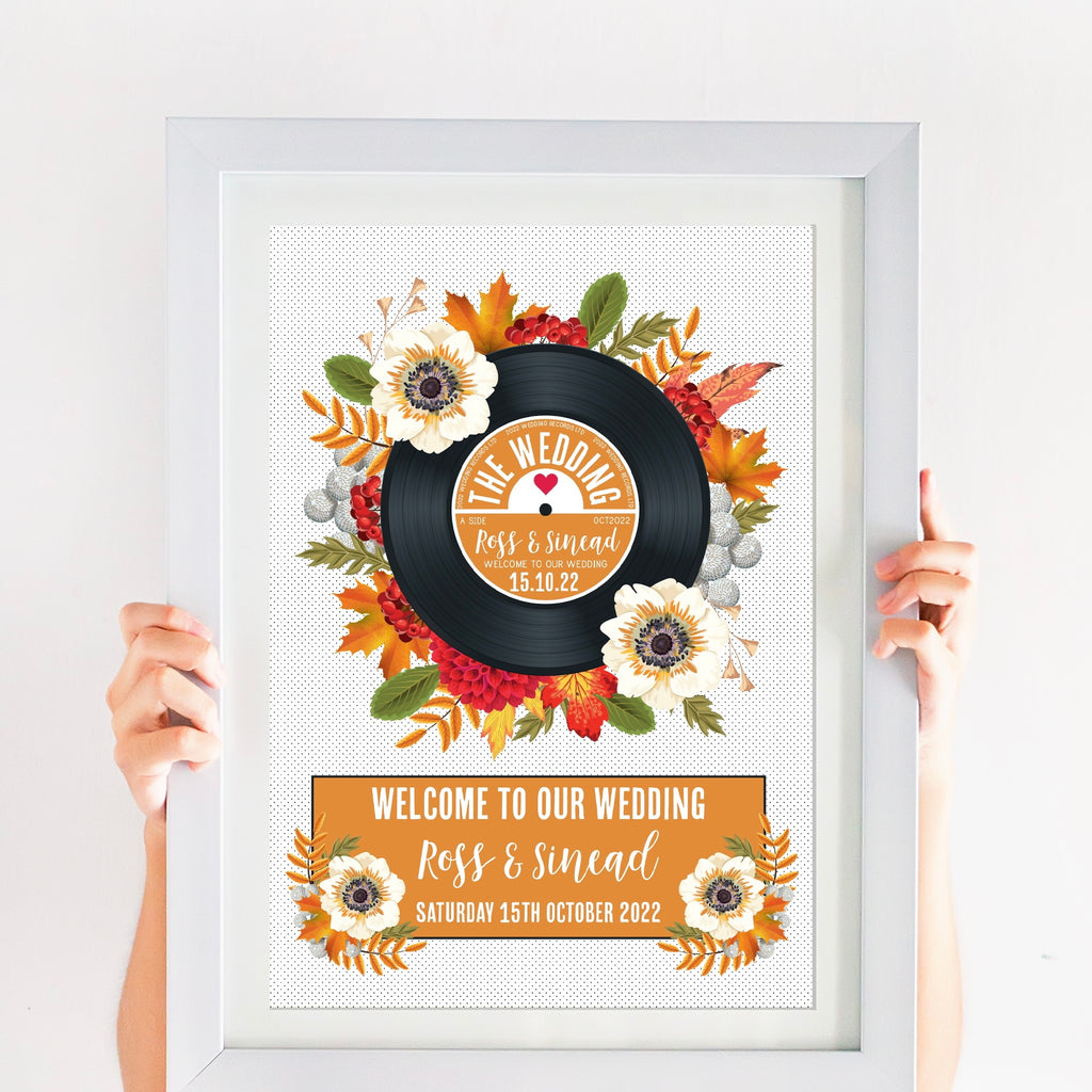 Wedding Welcome Sign - Floral Vinyl Record Design Autumn Fall Orange