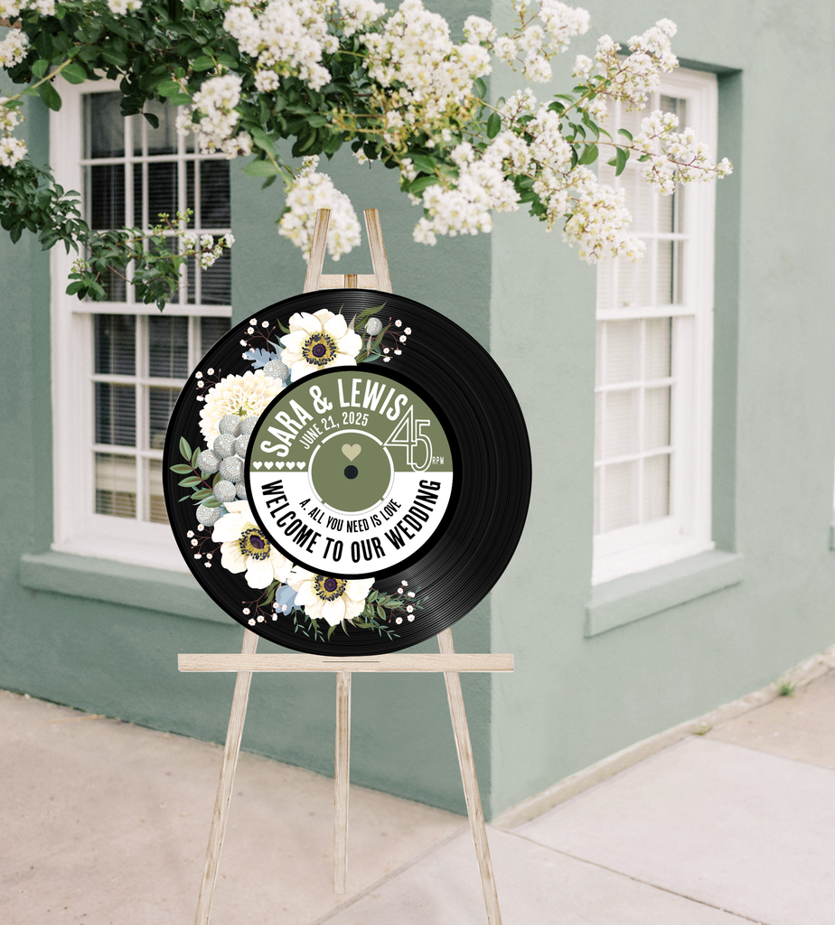 Round/ Circular Wedding Welcome Sign - Printed Floral Vinyl Record Design