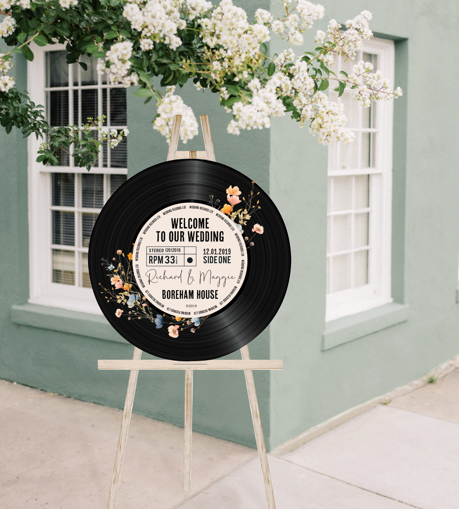 Round/ Circular Wedding Welcome Sign - Printed Wildflower Floral Vinyl Record Design