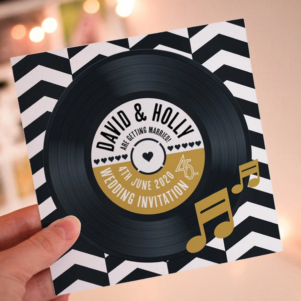 Vinyl Record Inspired Wedding Invitations - Chevron Design