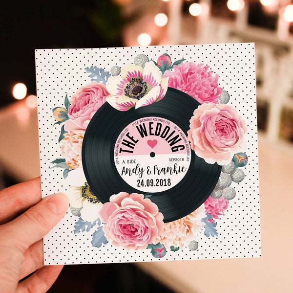 Floral Vinyl Record Inspired Wedding Invitations Pink