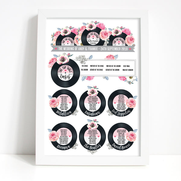Wedding Table Plan - Printed Floral Vinyl Record Design Pink