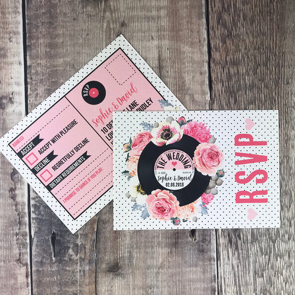 Floral Vinyl Record Inspired Wedding Invitations Pink