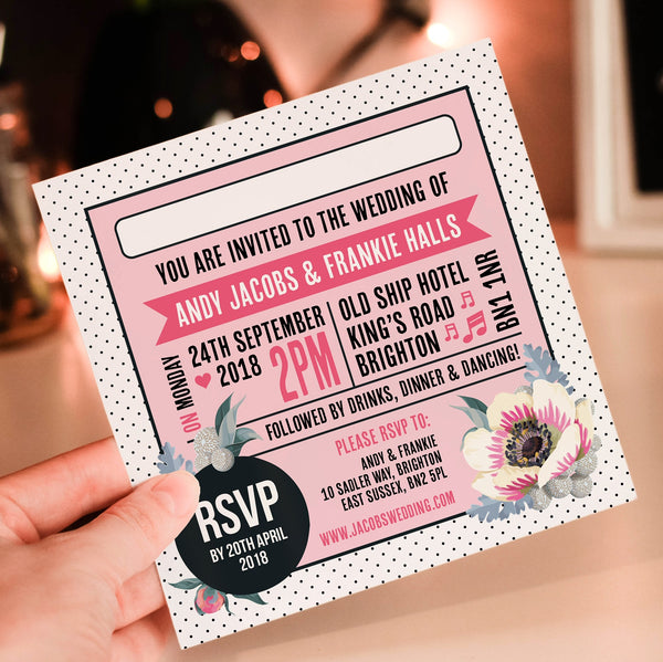Floral Vinyl Record Inspired Wedding Invitations Pink