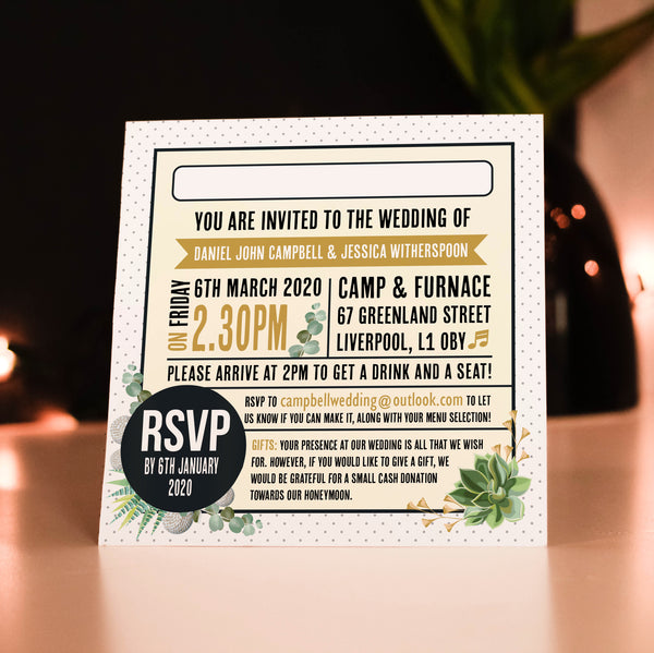 Floral Vinyl Record Inspired Wedding Invitations Succulent Eucalyptus Greenery