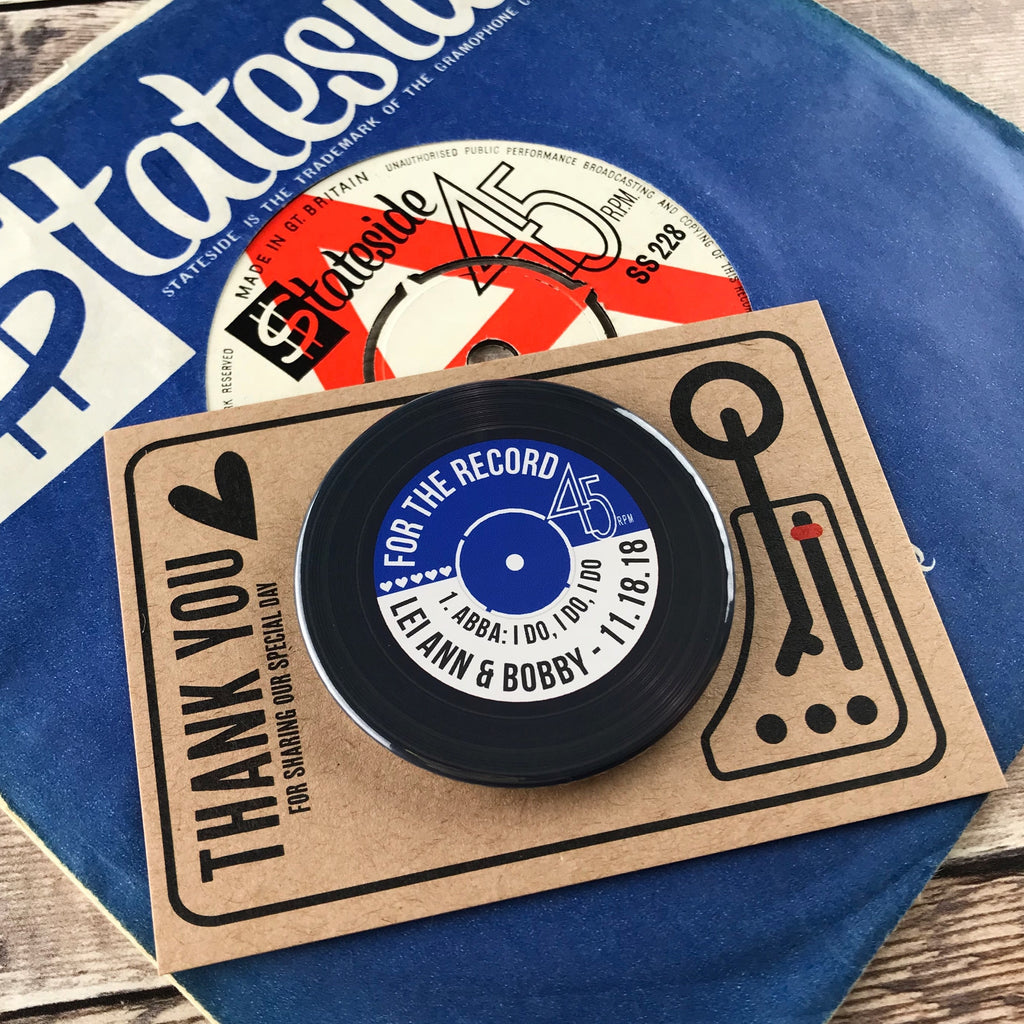 Wedding Favour Bottle Opener Magnets Vinyl Record Design with Mini Turntable Backing Cards