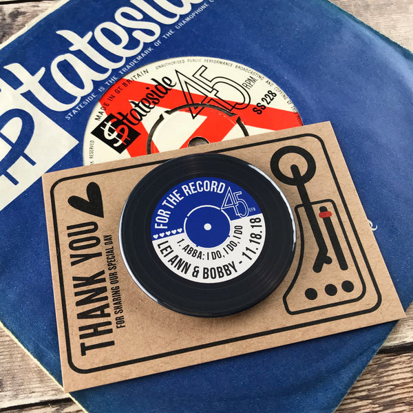 Wedding Favour Bottle Opener Magnets Vinyl Record Design with Mini Turntable Backing Cards