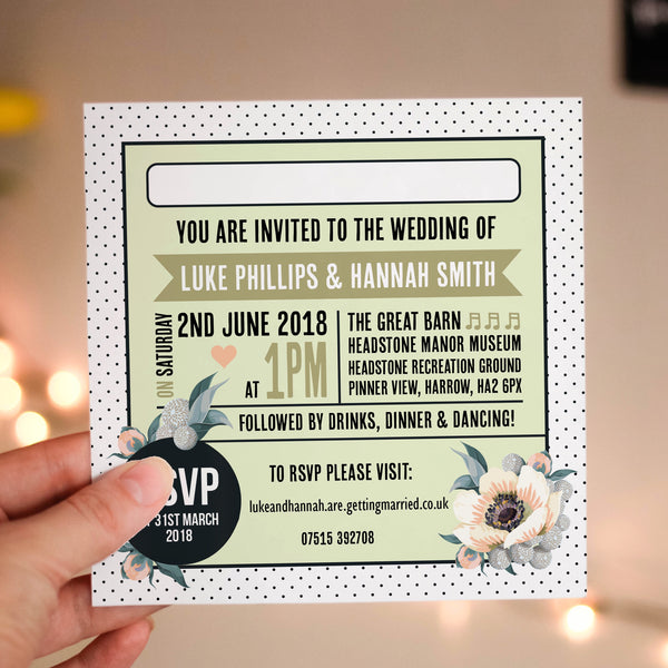 Floral Vinyl Record Inspired Wedding Invitations Peach & Green