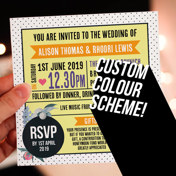 Floral Vinyl Record Inspired Wedding Invitations Bright (Sunflowers)