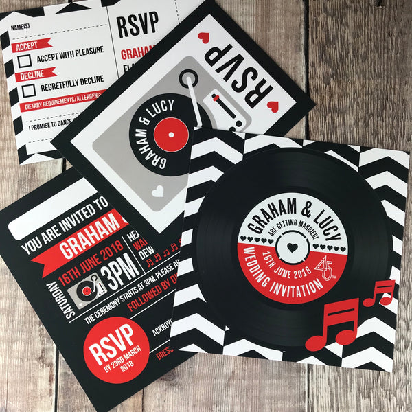 Vinyl Record Inspired Wedding Invitations - Chevron Design