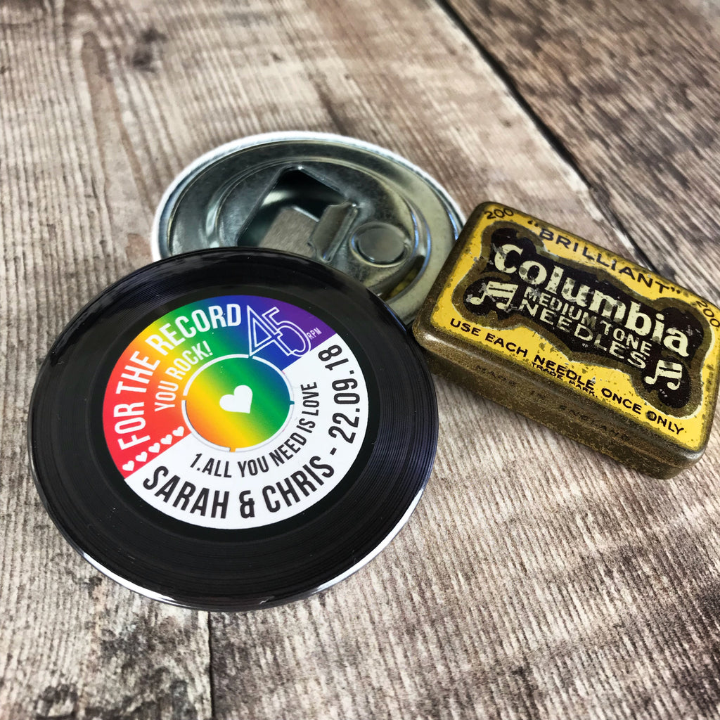 Wedding Favour Bottle Openers - Rainbow Vinyl Record Design