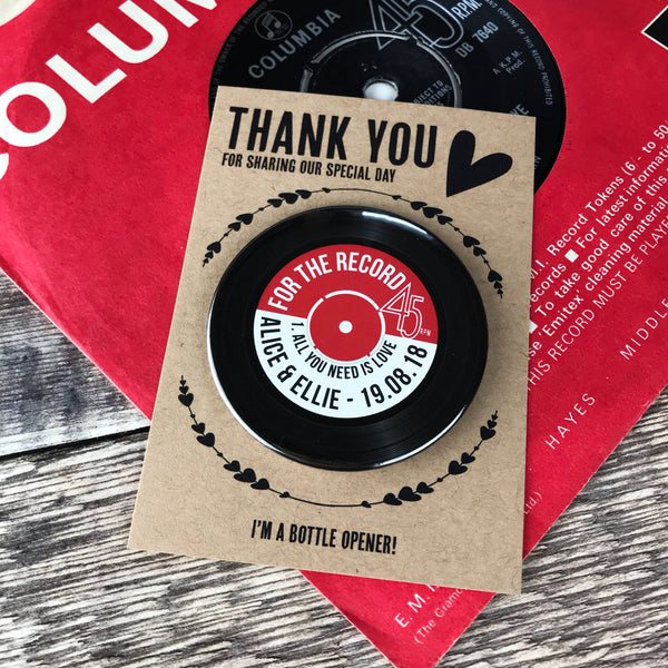 Wedding Favour Bottle Opener Magnets Vinyl Record Design with Mini Backing Cards
