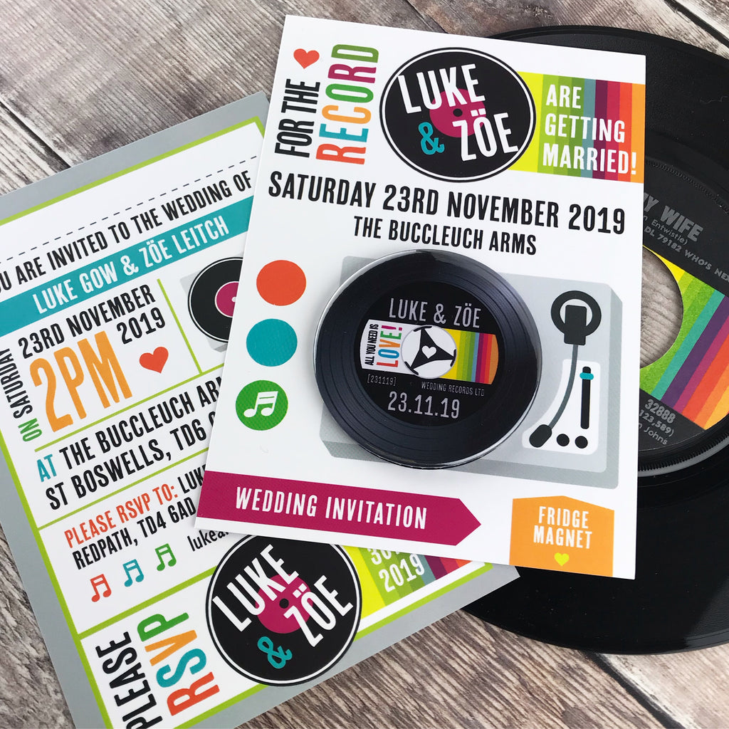 Vinyl Record Inspired Wedding Invitations with Fridge Magnets Design 3