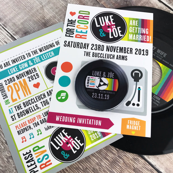 Vinyl Record Inspired Wedding Invitations with Fridge Magnets Design 3
