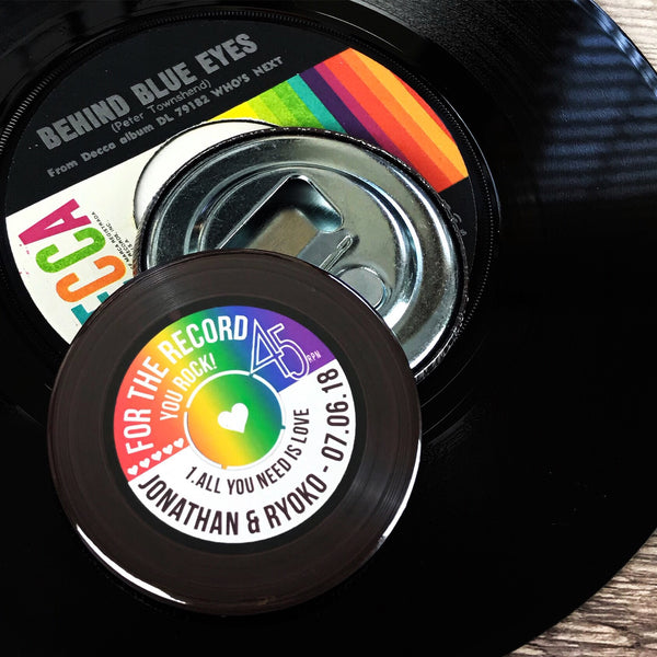 Wedding Favour Bottle Openers - Rainbow Vinyl Record Design