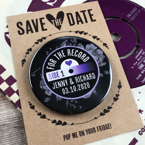 Save The Date Magnets Vinyl Record Design (Etched Floral) with Mini Backing Cards