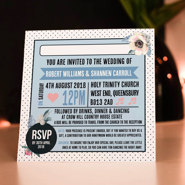 Floral Vinyl Record Inspired Wedding Invitations Blue