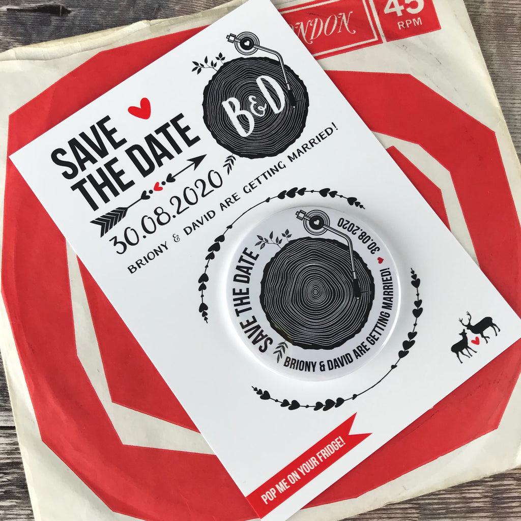 Tree Stump Turntable Save The Date Magnets with Postcards