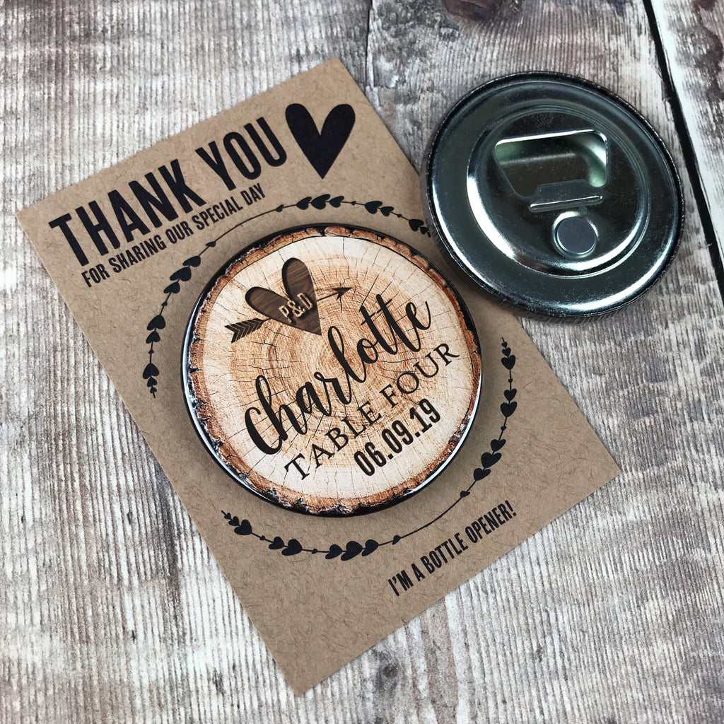 Wedding Favour/ Place Card Bottle Opener Magnets Woodland Tree Stump Slice Design with Mini Backing Cards