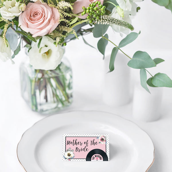 Wedding Name Place Cards - Floral Vinyl Record Design Pink