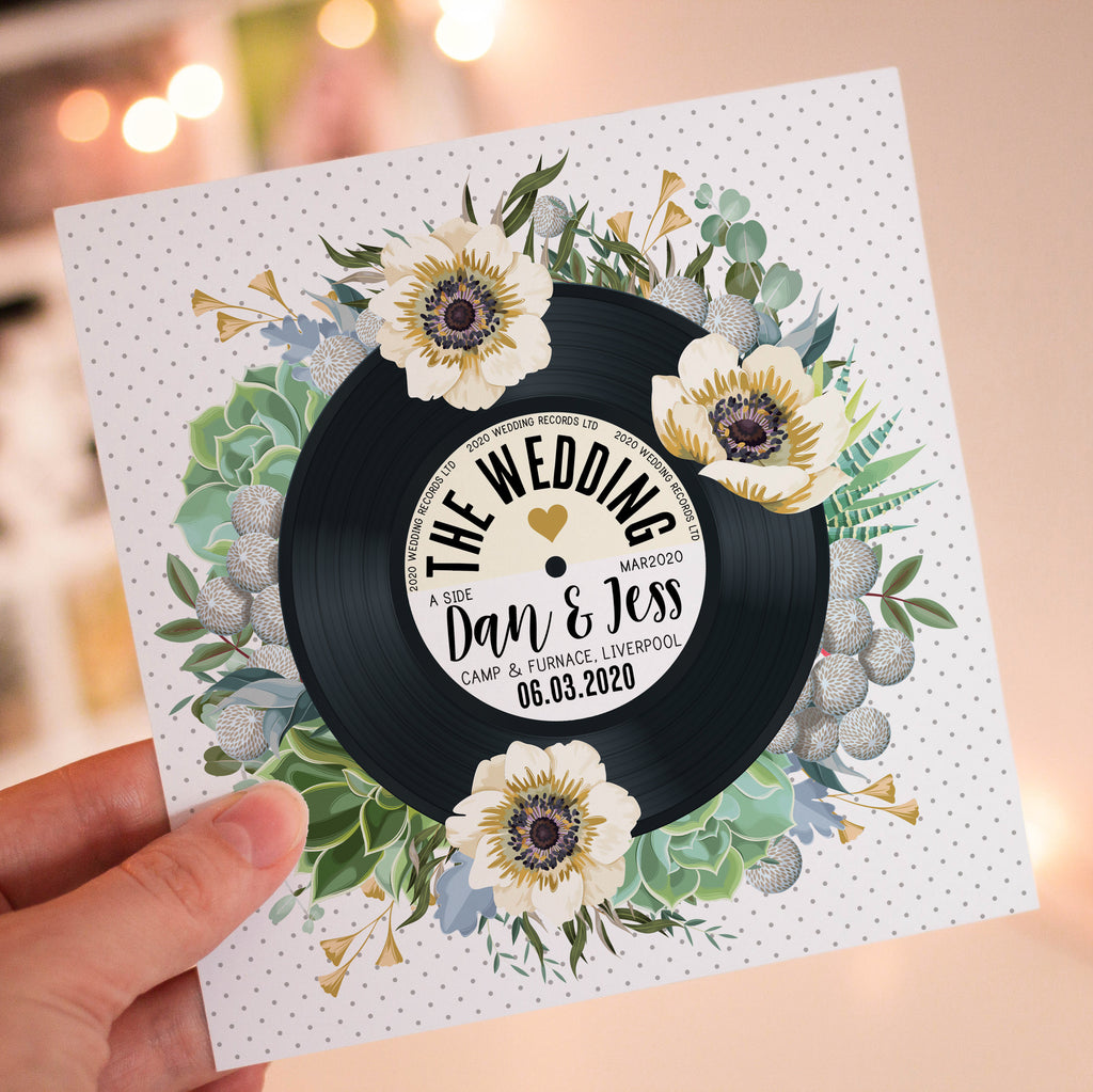 Floral Vinyl Record Inspired Wedding Invitations Succulent Eucalyptus Greenery