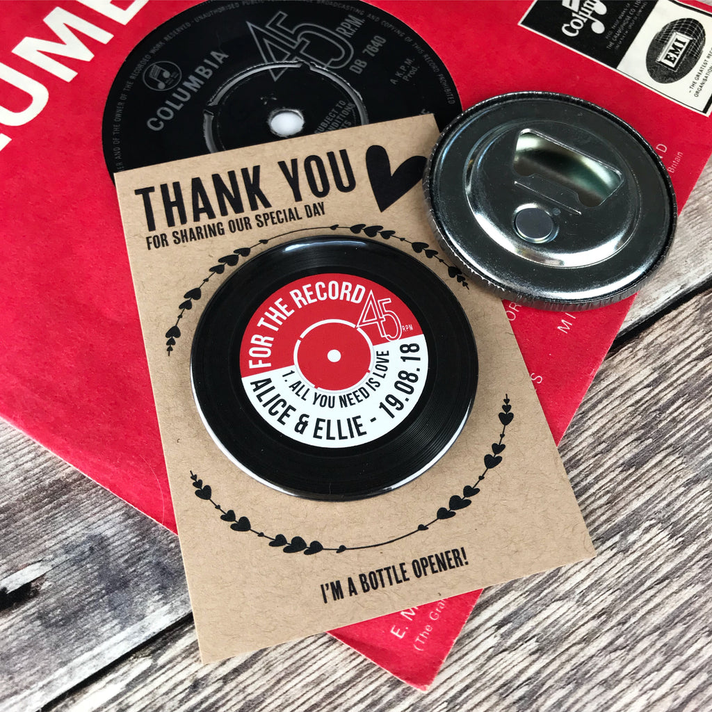 Wedding Favour Bottle Opener Magnets Vinyl Record Design with Mini Backing Cards