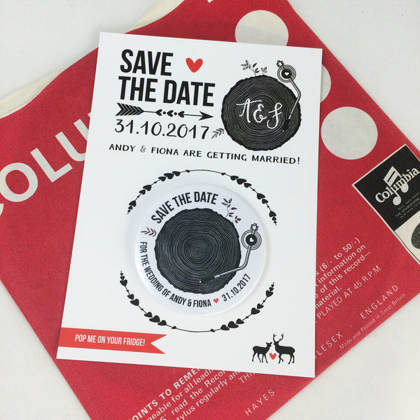 Tree Stump Turntable Save The Date Magnets with Postcards