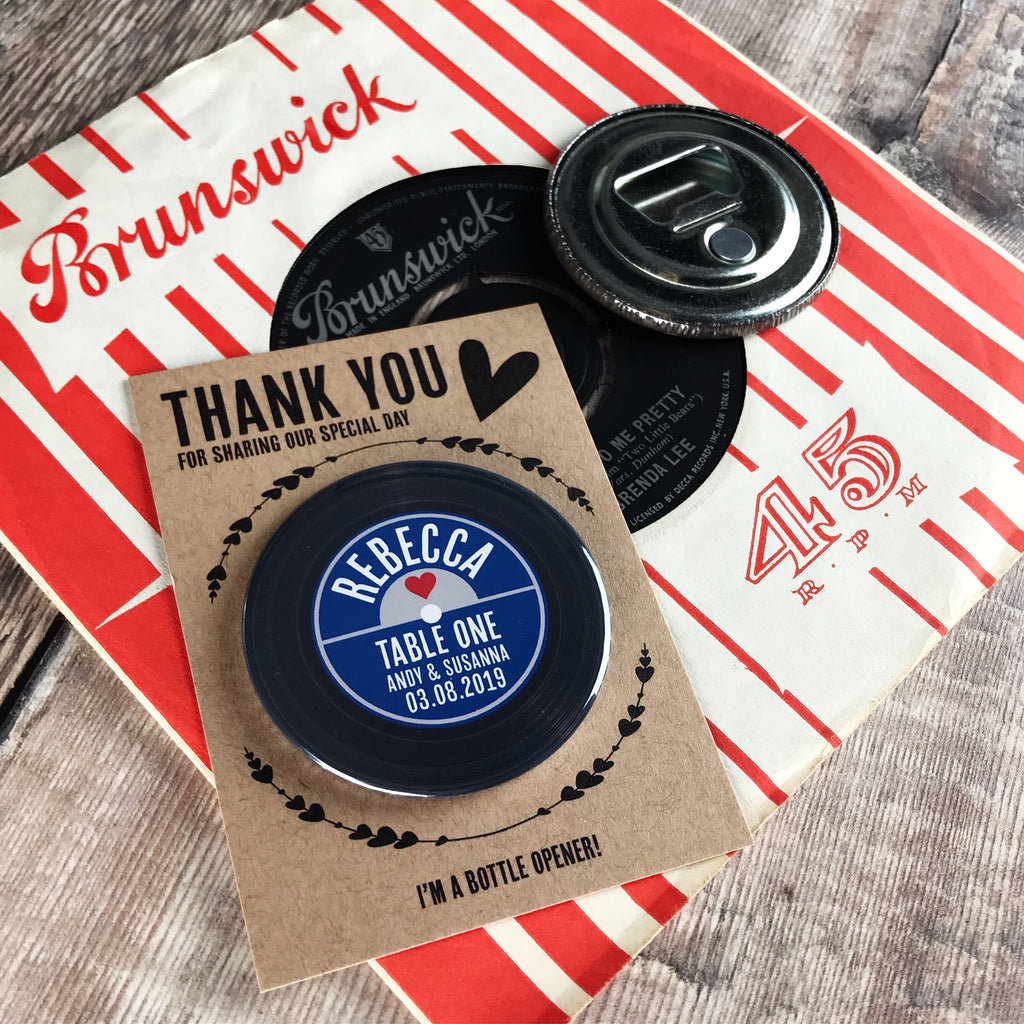 Wedding Favour/ Place Card Bottle Opener Magnets Vinyl Record Design with Mini Backing Cards
