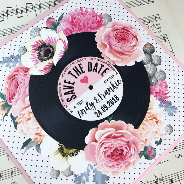 Floral Vinyl Record Inspired Wedding Save The Date Cards