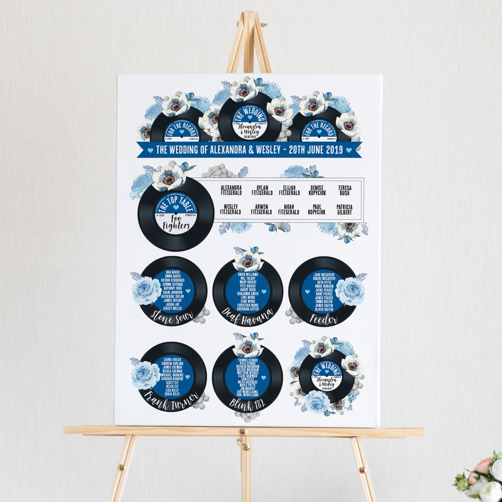Wedding Table Plan - Printed Floral Vinyl Record Design Royal Blue