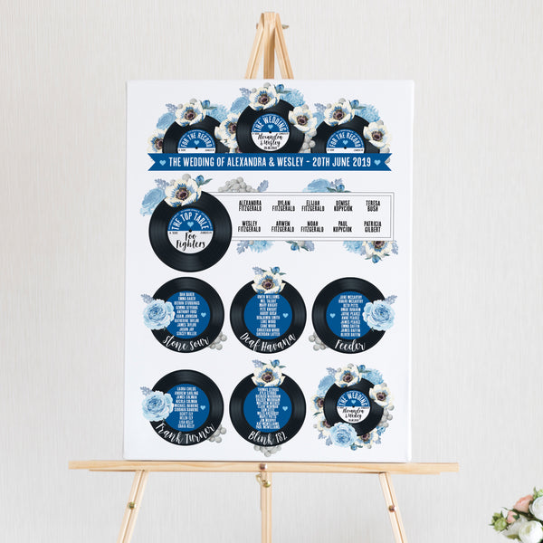 Wedding Table Plan - Printed Floral Vinyl Record Design Royal Blue