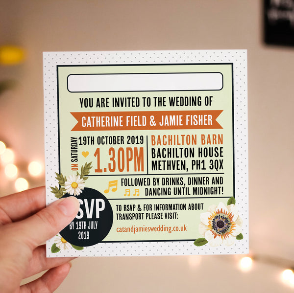 Floral Vinyl Record Inspired Wedding Invitations (Sunflowers) Summer Autumn