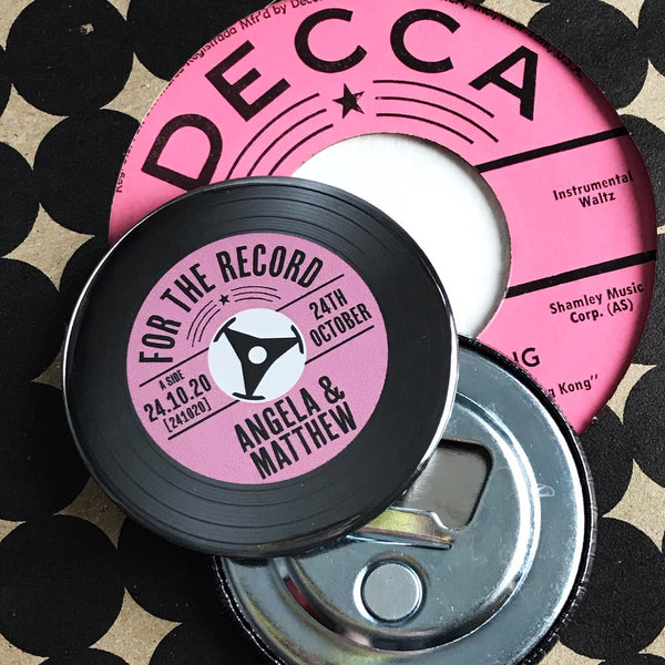 Wedding Favour Bottle Openers - Pink Vinyl Record Design