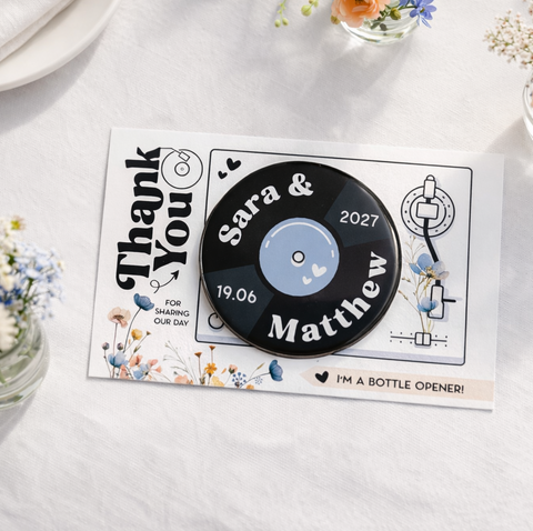 Wedding Favour Bottle Opener Magnets Wildflower Vinyl Record Design with Mini Backing Cards