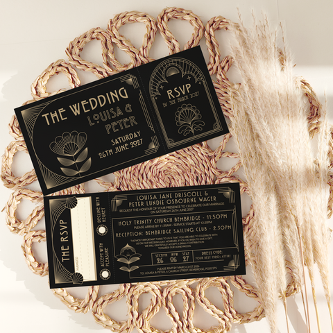1920s Art Deco Gatsby Inspired Ticket Wedding Invitations Black & Gold