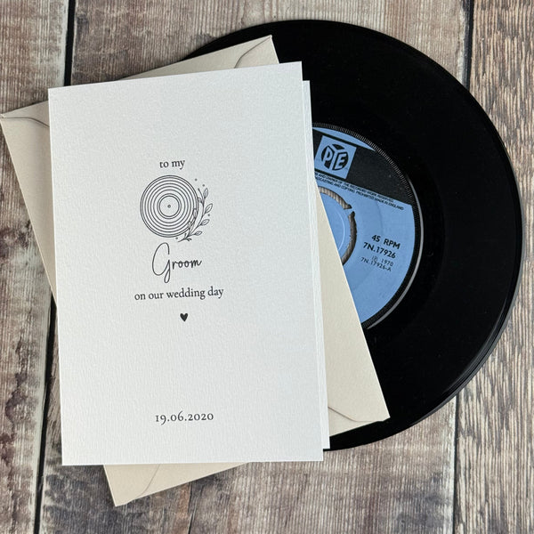 A black vinyl record partially covered with cream envelopes and a printed card, arranged on a rustic wooden surface.
