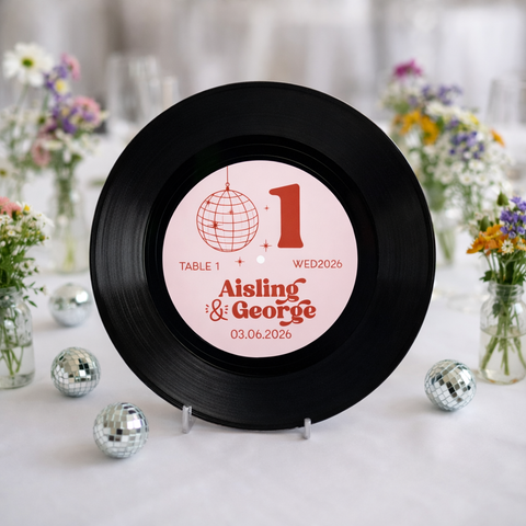 Real 7” Vinyl Wedding Table Numbers/ Names - Disco Ball Vinyl Record Design Red & Pink