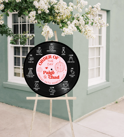 Round/ Circular Wedding Order Of The Day Sign - Printed Disco Ball Vinyl Record Design Red Pink