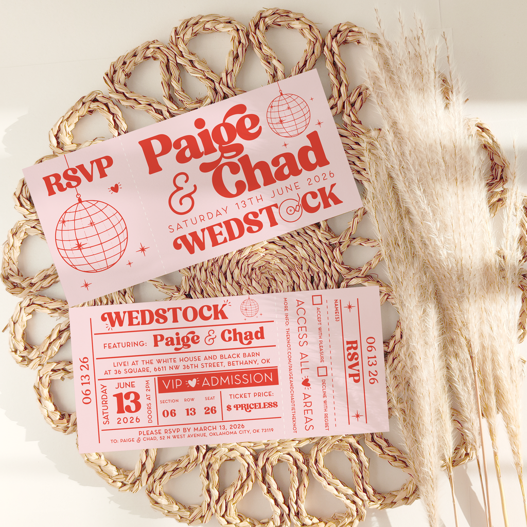 Gig/ Concert Ticket Inspired Disco Ball Wedding Invitations Red & Pink - Design 3